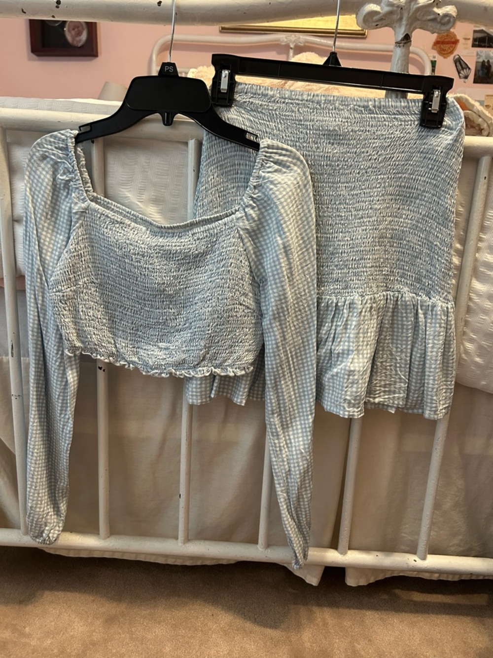 Japna Light Blue Gingham Smocked Crop Top & Ruffle Skirt Set